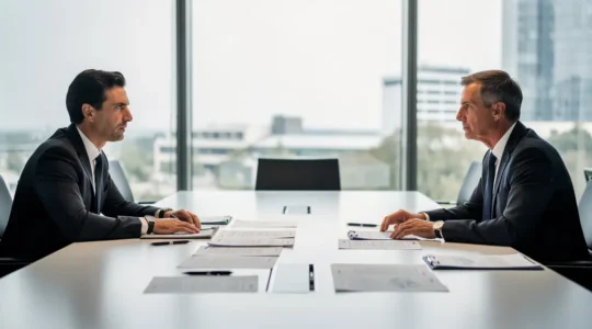Professionnels français en réunion de négociation collective autour d'une table de conférence