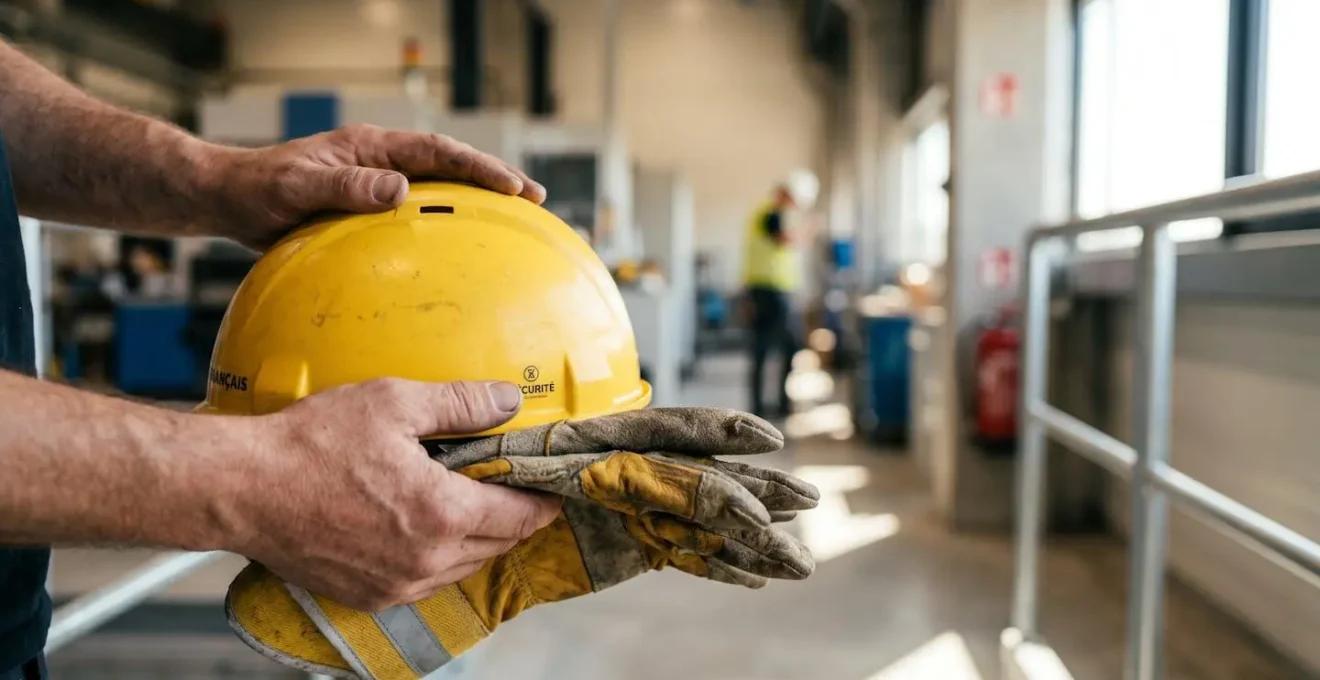 Gros plan sur des mains portant des gants de protection tenant un casque de chantier, lumière latérale nette