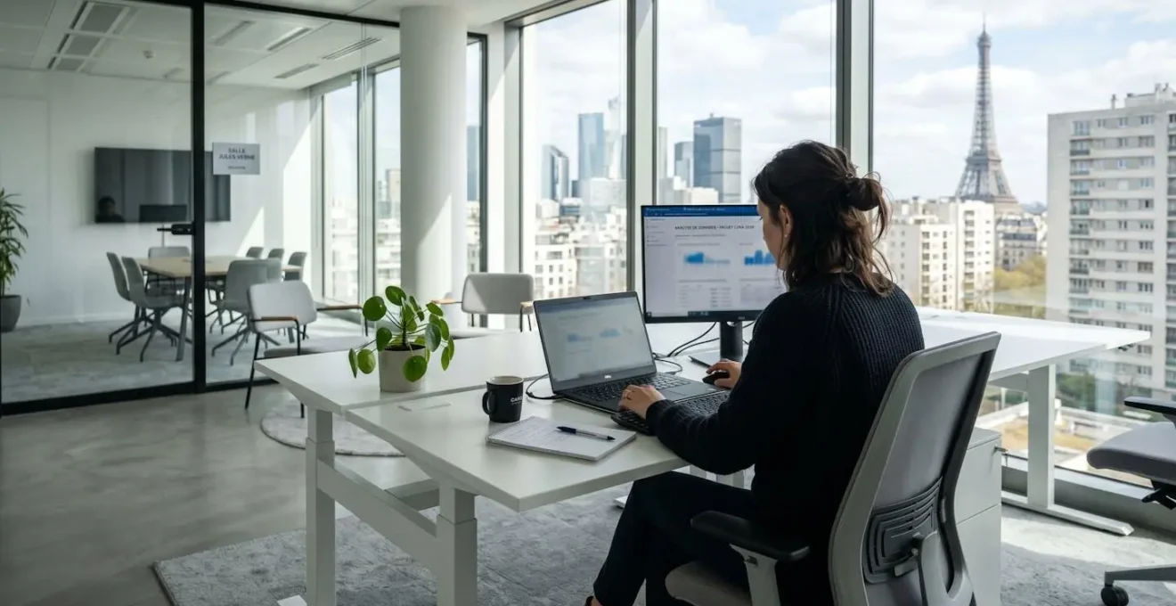 Une salariée assise de dos dans un open space moderne, seule devant son écran, lumière naturelle de fenêtre