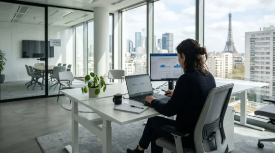 Une salariée assise de dos dans un open space moderne, seule devant son écran, lumière naturelle de fenêtre