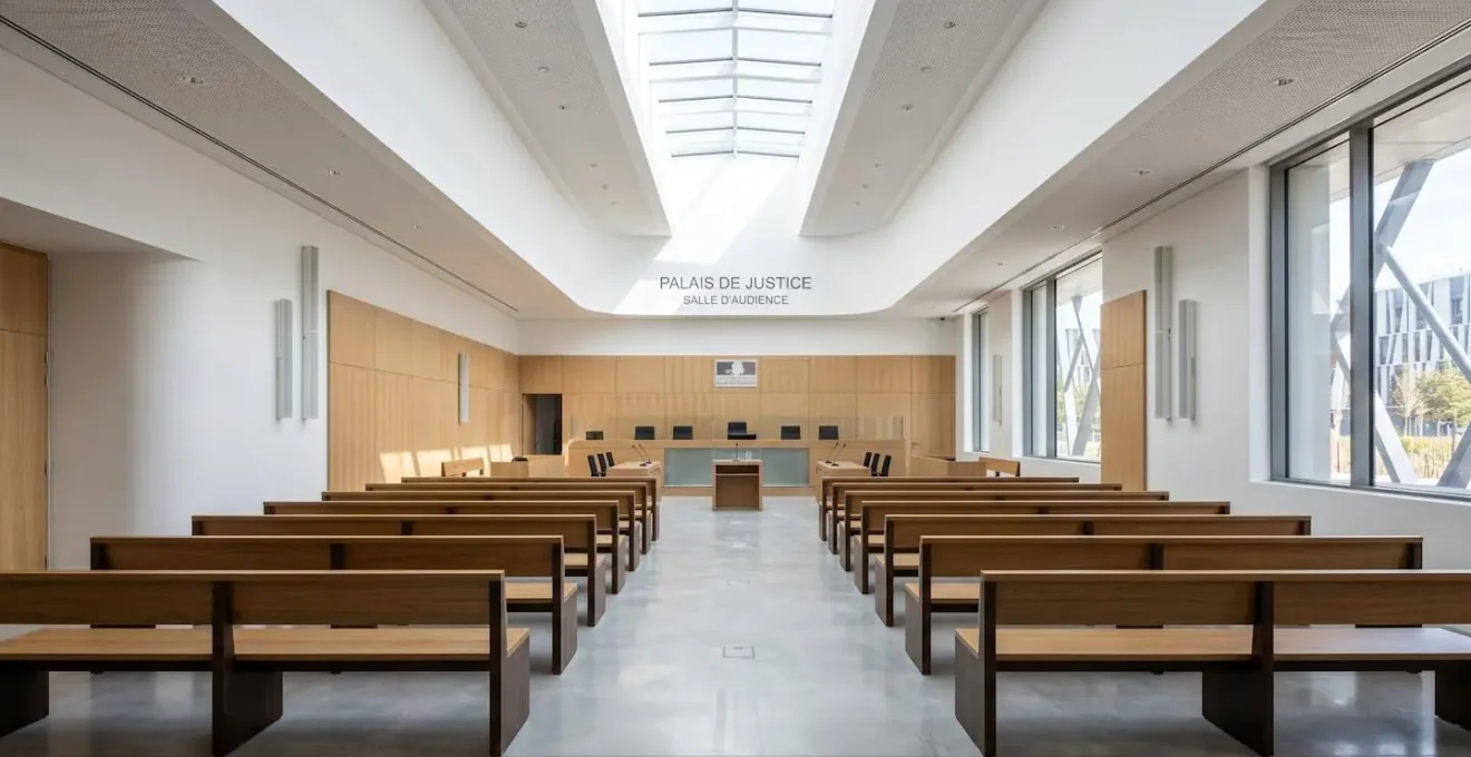 Salle d'audience de tribunal correctionnel vide, architecture française contemporaine, boiseries claires, lumière naturelle zénithale