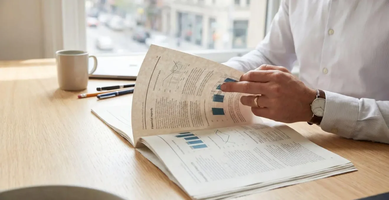Représentant du CSE examinant des documents financiers dans un environnement de bureau contemporain